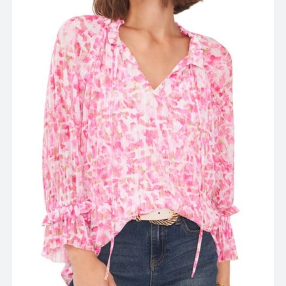Vince Camuto sheer blousy loose fit floral vneck ruffle trim top Size 2XL